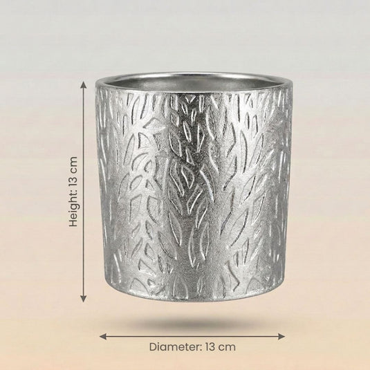 Ceramic Silver Embossed Leaf Cylindrical Pot - Indoor-outdoor Planter