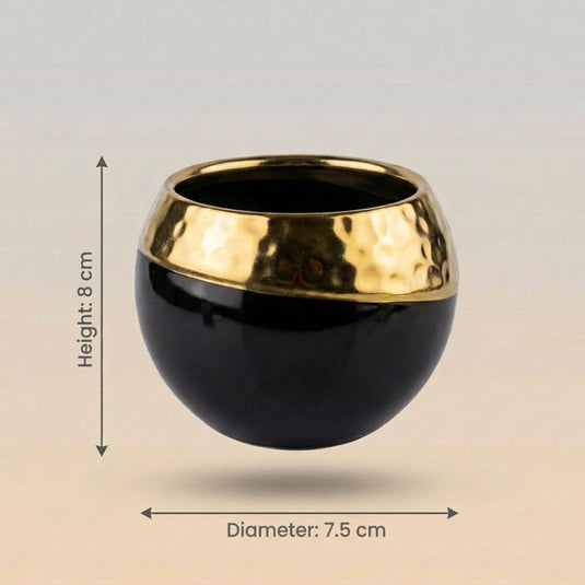Ceramic Matte Black and Hammered Gold Rim Spherical Pot - Indoor Planter
