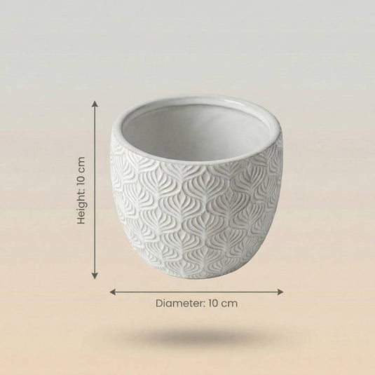 Ceramic Embossed Leaf Patterned Round Pot - Indoor-outdoor Planter