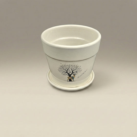 Ceramic Tree Printed Bucket Shaped Pot with saucer - Indoor-outdoor Planter
