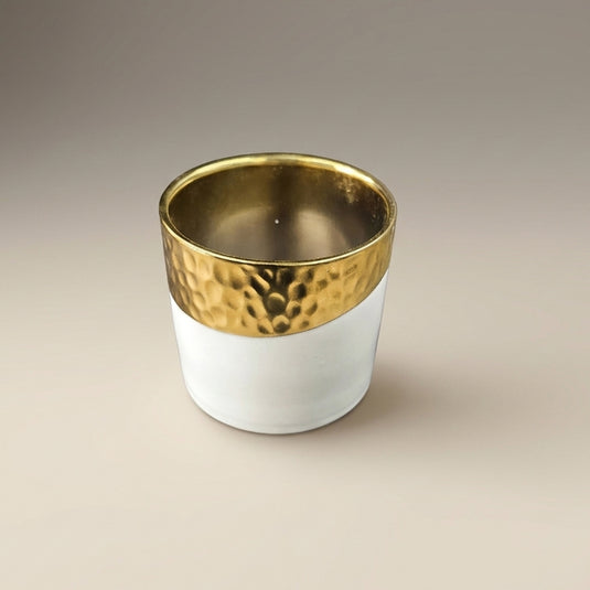 Ceramic White & Hammered Finish Luxury Gold Rim Pot - Indoor Planter