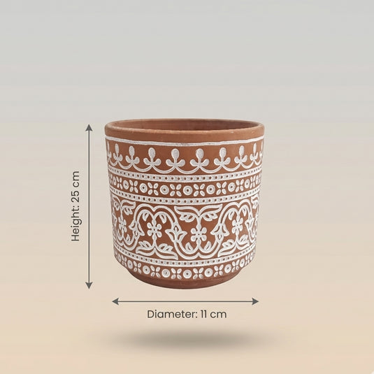 Ceramic Hand-Painted Terracotta with Traditional White Motif Pot - Indoor-outdoor Planter