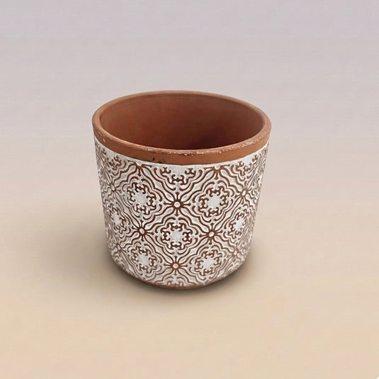 Ceramic Geometric White Motif Terracotta Pot - Indoor-outdoor Planter