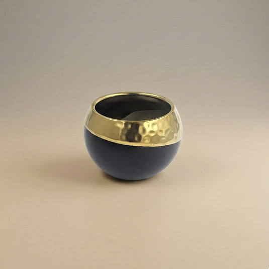 Ceramic Matte Black and Hammered Gold Rim Spherical Pot - Indoor Planter