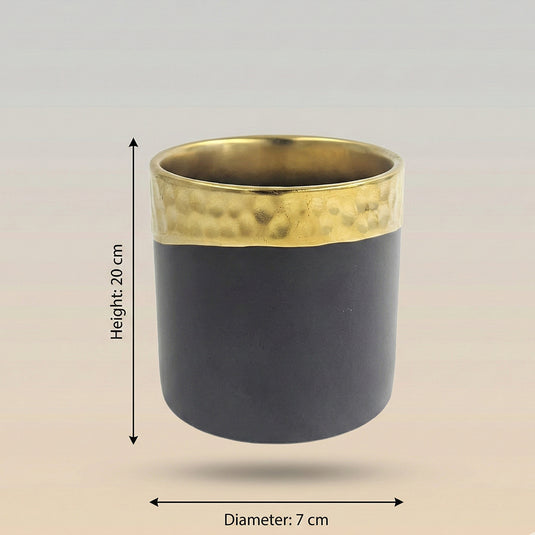 Ceramic Matte Black Cylinder Planter with Gold Rim Pot - Indoor-Outdoor Planter