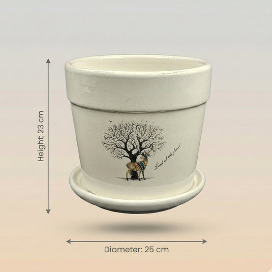Ceramic Tree Printed Bucket Shaped Pot with saucer - Indoor-outdoor Planter