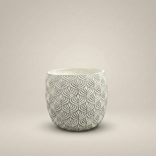 Ceramic Embossed Leaf Patterned Round Pot - Indoor-outdoor Planter
