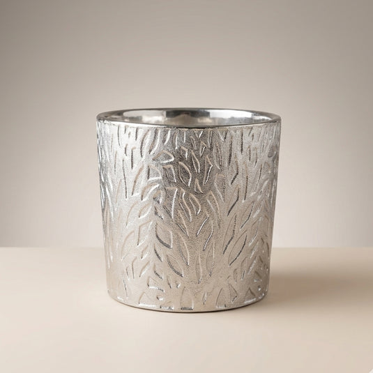 Ceramic Silver Embossed Leaf Cylindrical Pot - Indoor-outdoor Planter