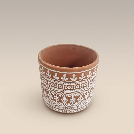 Ceramic Hand-Painted Terracotta with Traditional White Motif Pot - Indoor-outdoor Planter