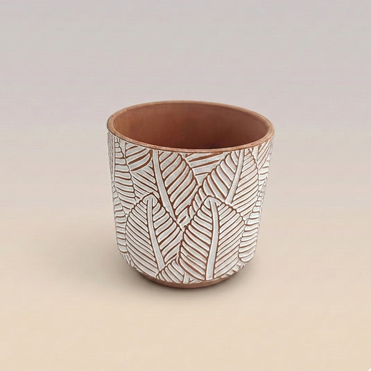 Ceramic Leaf Embossed Motif Terracotta Pot - Indoor-outdoor Planter