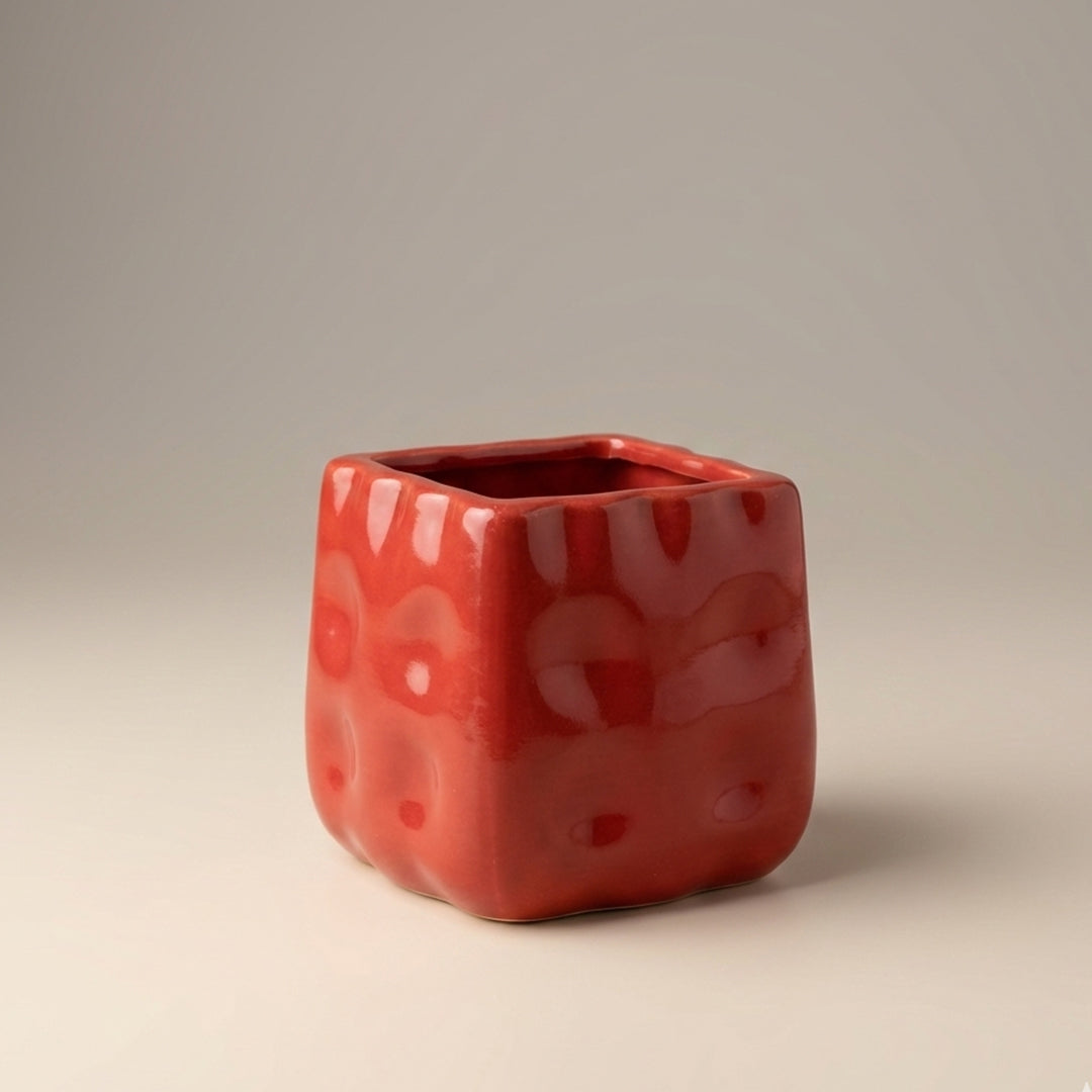 Ceramic Glossy Red Dimpled Pot - Indoor-Outdoor Planter